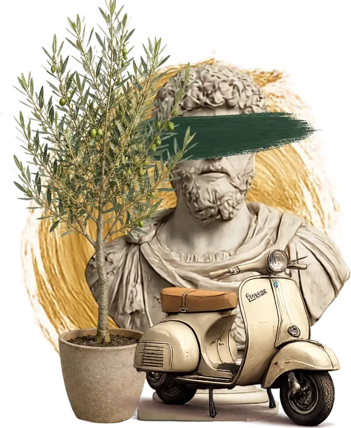 Bust with olive tree, Vespa, and brass paint stroke