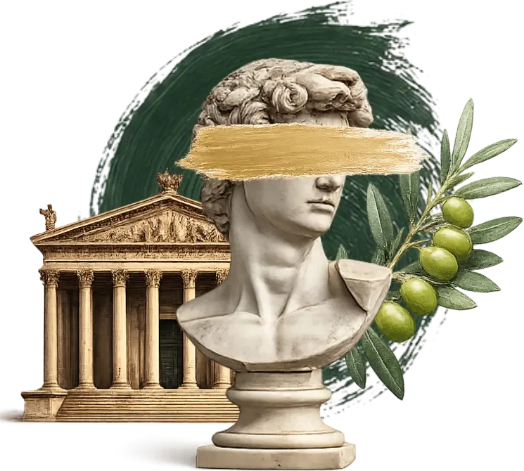 Classical temple and bust with olive branch
