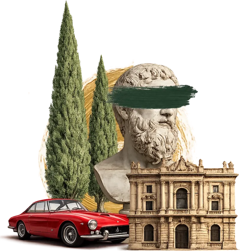 Bearded bust, baroque facade, Ferrari, cypress