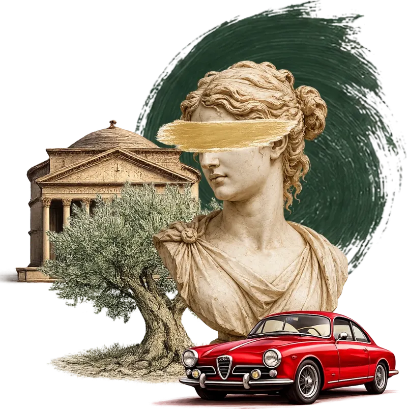 Female bust, Pantheon, olive tree, Ferrari
