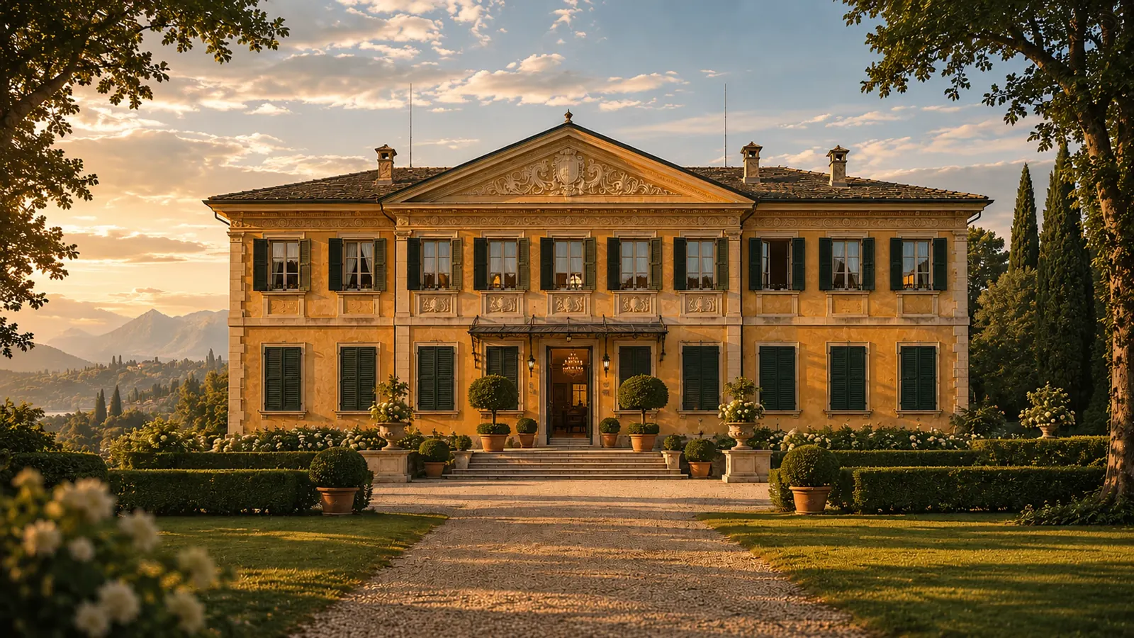 Italian heritage estate at golden hour, doors open
