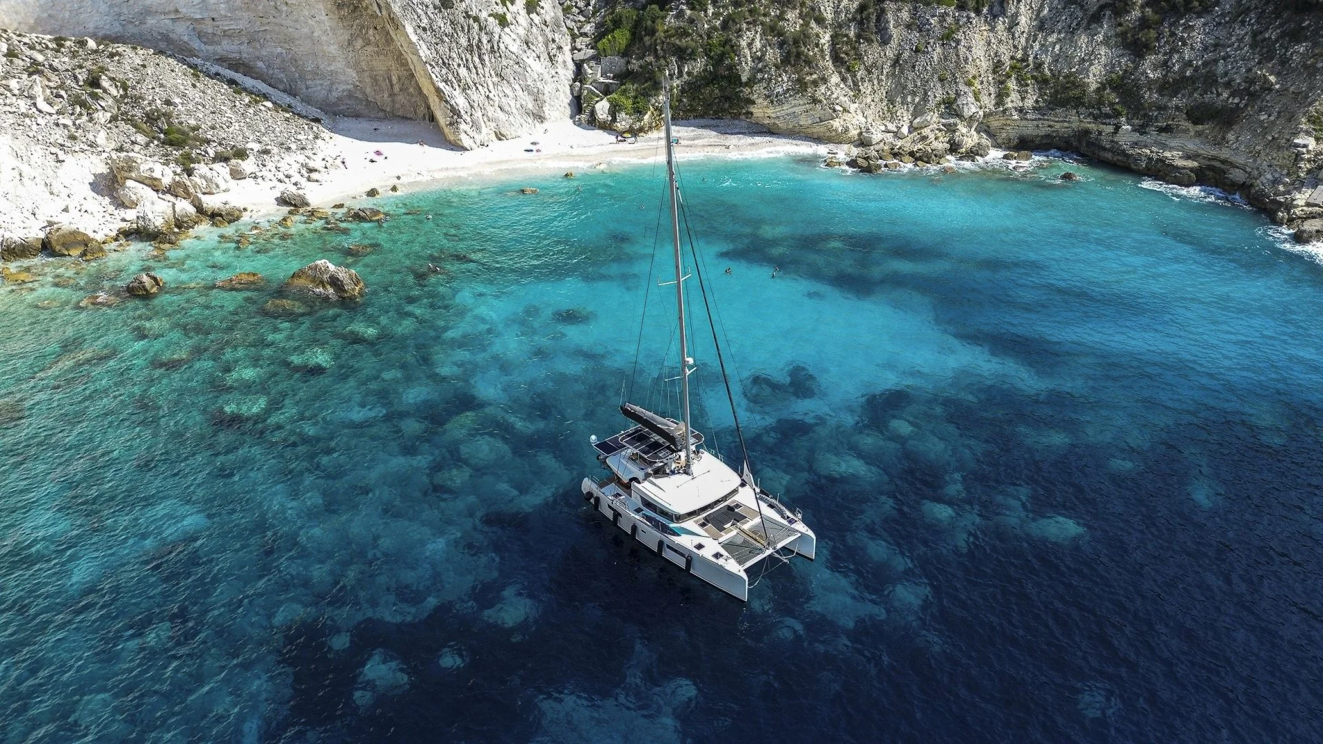 Catamaran from above on the Adriatic, turquoise water