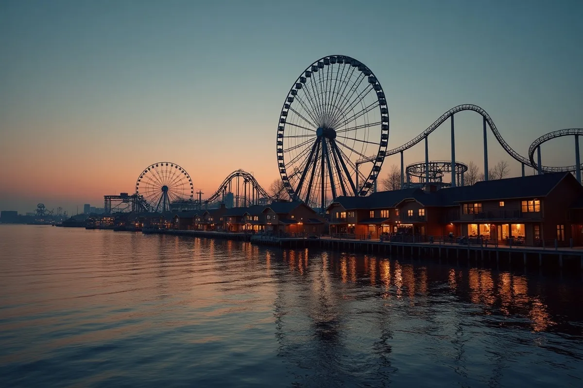 Silhouetten von Riesenrad und Achterbahn über dem Wasser, im Vordergrund Wohngebäude in der Abenddämmerung